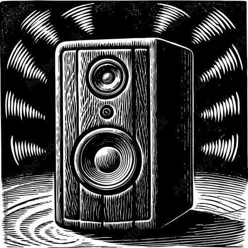 Woodcut style speaker emitting sound waves