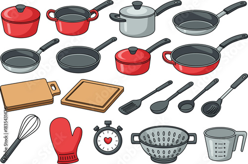 Cartoon-style kitchen cookware and utensils set including pots, pans, cutting boards, spatulas, whisk, mitt, colander, and measuring cup illustration