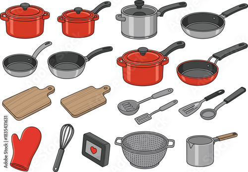 Cartoon-style kitchen cookware and utensils set including pots, pans, cutting boards, spatulas, whisk, mitt, colander, and measuring cup illustration