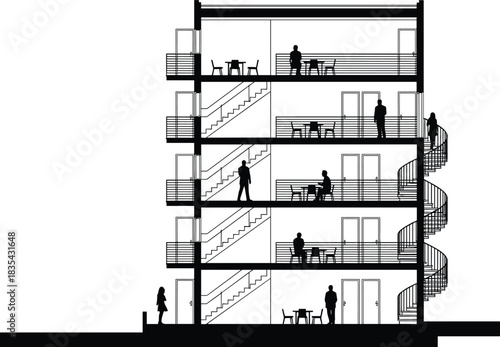 Architectural cross-section drawing of a multi-story modern building, detailed black silhouette illustration with interior stairs, balconies, furniture, and people, residential apartments, city living