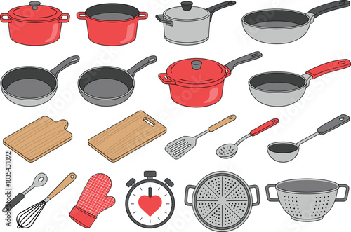 Cartoon-style kitchen cookware and utensils set including pots, pans, cutting boards, spatulas, whisk, mitt, colander, and measuring cup illustration