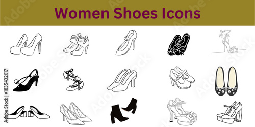 Women Shoes Outline Icons: Vector Set of Heels, Flats, Sandals, and Fashion Footwear Styles