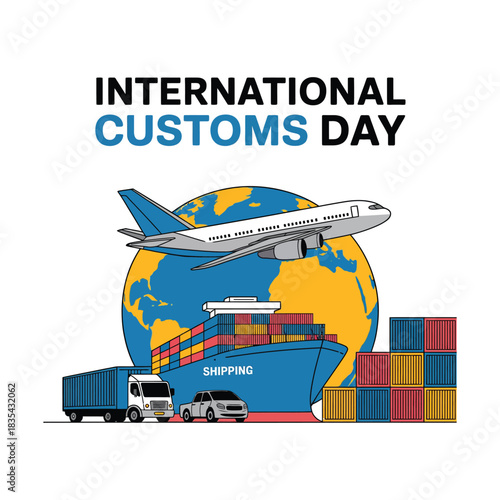Passenger airplane flying in the sky for travel and transport illustration. INTERNATIONAL CUSTOMS DAY