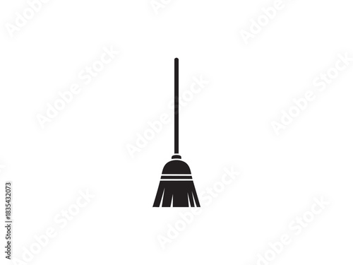 Simple black and white vector icon illustration of standard household broom cleaning supply equipment