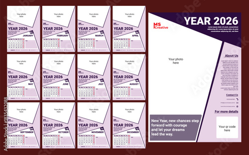 Creative Wall Calendar Design 2026.13 Page For Vector Template.