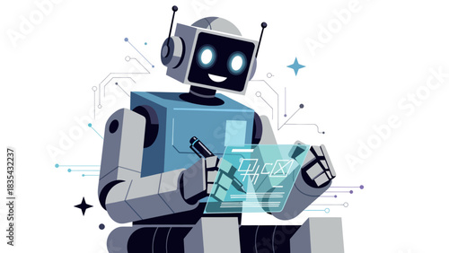 Futuristic Robot Interacting with Holographic Interface.