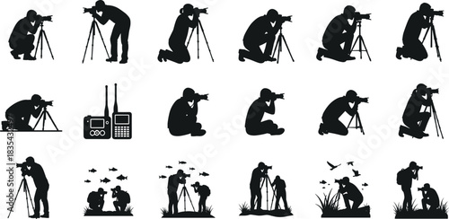 Collection of photographers silhouettes shooting pictures with professional cameras and tripods, black vector icons, capturing wildlife, nature, adventure, journalistic photography, outdoor hobbies