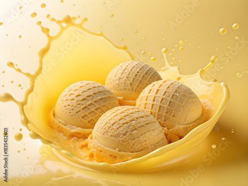 Four yellow ice cream scoops, textured with a grid pattern, sit amidst a vibrant yellow liquid splash, bathed in soft, inviting light, creating a sweet, appetizing ambiance.