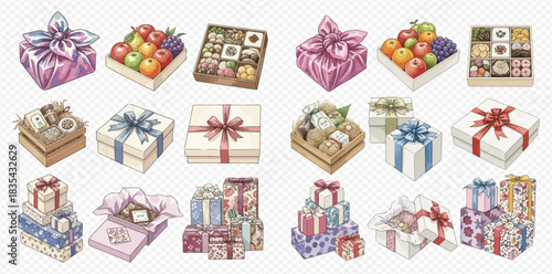 A diverse collection of beautifully wrapped gift boxes and assorted present sets, including fruit baskets and chocolate assortments, perfect for celebrations.