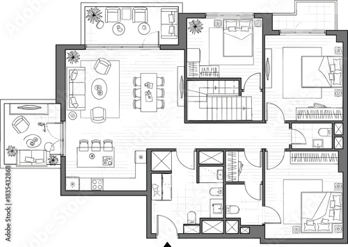 Detailed black and white architectural floor plan of a modern apartment, multiple bedrooms, bathrooms, living room, stairs, kitchen, and balcony, interior design, home construction, vector.