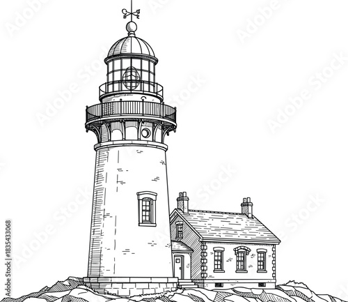 Detailed black and white line art illustration of a traditional lighthouse and keeper's house standing on a rocky shoreline, nautical navigation, sea travel, historical coastal building vector.