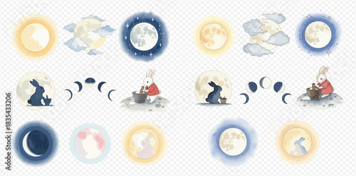 Watercolor illustrations of moon phases, full moons, and rabbits, depicting celestial themes and folklore.