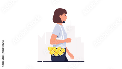 Woman shopping with a stylish reusable mesh bag carrying lemons in city setting promotes sustainable living and healthy lifestyle choices