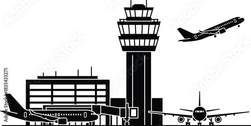 Airport scene with airplanes, control tower, terminal building silhouettes, aviation transport illustration for travel industry, airport operations and flight concept artwork
