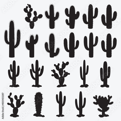 Collection of cactus plant silhouettes, desert flora icons set.