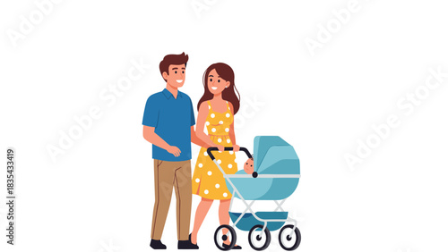 Happy young parents strolling smiling baby in bright blue stroller enjoying beautiful sunny day outdoors