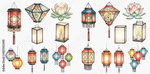 A collection of traditional Asian lanterns and lotus flowers in various shapes and colors, featuring intricate designs and tassels.