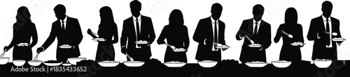 Black and white vector illustration silhouette of business people, men and women, corporate employees or office workers standing in line at a banquet buffet table, eating lunch or dinner.