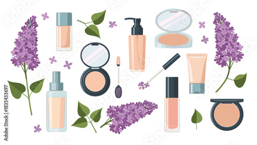 Elegant collection of natural lilac flowers mixed with essential springtime cosmetic beauty products for a fresh look