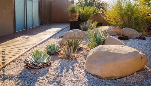 modern desert landscape design with succulents and boulders in front yard
