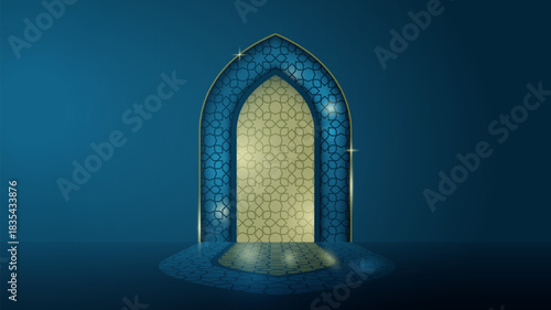 Islamic background with mosque arch and light effect design on blue background.