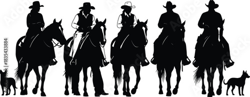 Black Silhouette Vector Illustration of Five Cowboys or Cowgirls Riding Horses with Dogs, Depicting Western American Ranch Life and Equestrian Activity