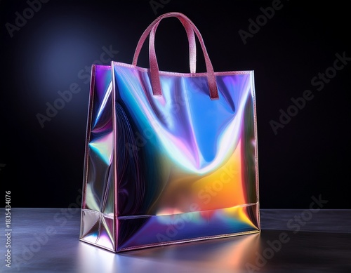 iridescent shopping bag radiating ethereal hues against a dark background