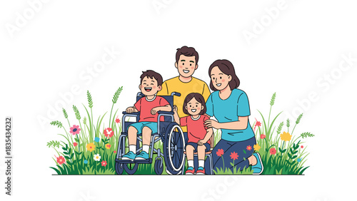 Joyful diverse family enjoying sunny day outdoors with child happily seated in a wheelchair