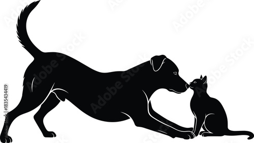 Dog and cat friends in black silhouette vector illustration, demonstrating playful bow and gentle nose touch, showing friendship, harmony, and peace between domestic pets, isolated on white background