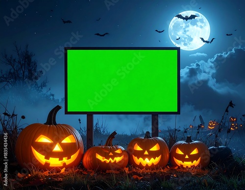Atmospheric Halloween night with glowing jack-o'-lanterns, flying bats, and a full moon in a misty setting, showcasing a large green screen billboard for custom content