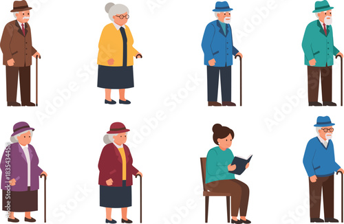 Set of eight senior adults standing and sitting, elderly people character illustrations, diverse grandparents, men and women using walking sticks, reading a book, flat vector design, retired life.