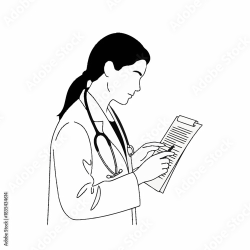 Doctor carefully reviews medical records with focused attention and precision.