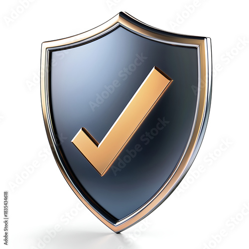Metallic shield with golden checkmark symbolizing security and approval