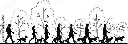 Dog walking people silhouettes, men and women walking their dogs in park or woods with trees, professional pet care service, outdoor summer activity, vector illustration set.