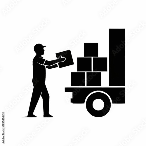 Silhouette of a worker loading boxes onto a hand truck, symbolizing efficient delivery and logistics.