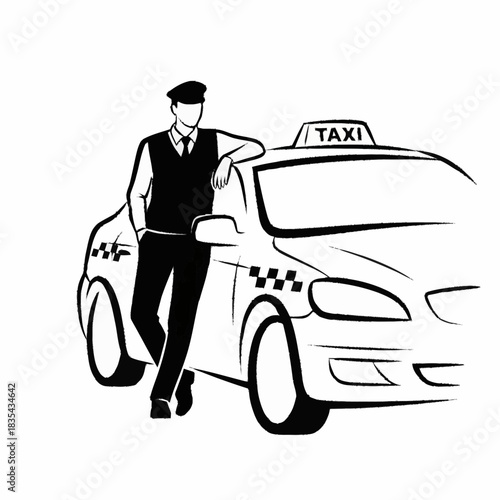 Taxi driver standing next to his taxi car.