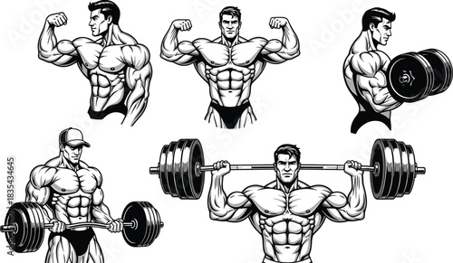 Set of five highly detailed black and white bodybuilder illustrations, muscular men lifting heavy weights, dumbbell curls, barbell press, posing, fitness vector art, strength, workout, training.