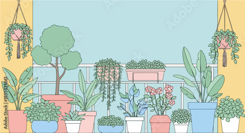 An assortment of houseplants in colorful pots on a balcony railing, creating a tranquil urban garden oasis
