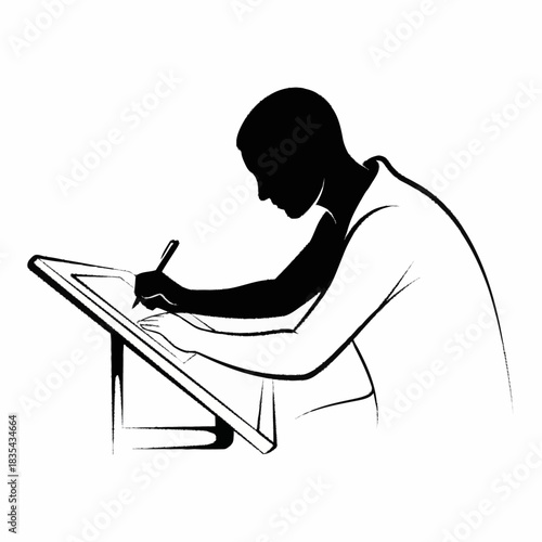 Silhouette of a man drawing at a drafting table.