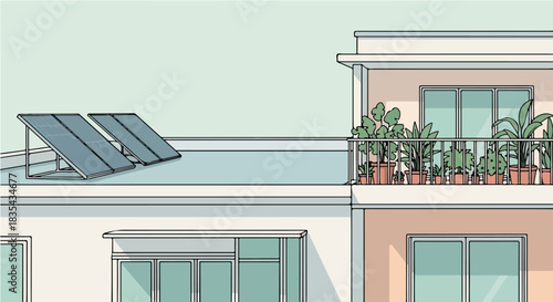 Rooftop solar panels and balcony plants on a modern apartment building exterior
