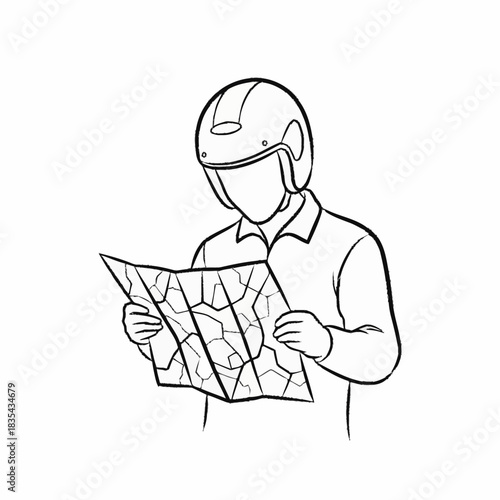 Person in helmet reading a map, line art illustration.
