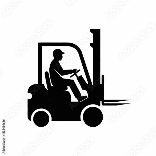 Forklift operator silhouette driving vehicle in warehouse for logistics and transport.