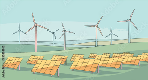Sustainable energy concept featuring a wind farm and solar panels in a green field illustration