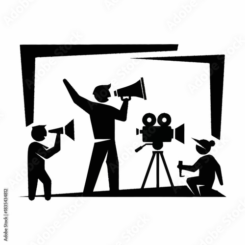 Film crew silhouettes with director, cameraman, and assistant on set.