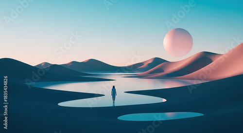 Woman walking towards her dreams in a surreal desert landscape, a modern concept for ambition, hope, and a bright future under a pastel sky and floating orb