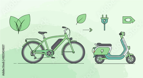 Illustration of an electric bicycle and scooter as a concept for sustainable urban mobility and green energy transportation