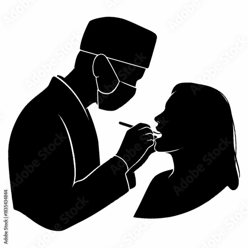 Black silhouette of a dentist performing a dental checkup on a patient.