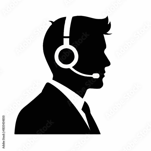Silhouette of a man wearing a headset and suit representing customer service.