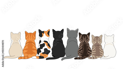 Seven adorable cats of different colors sitting together in a row facing away looking forward