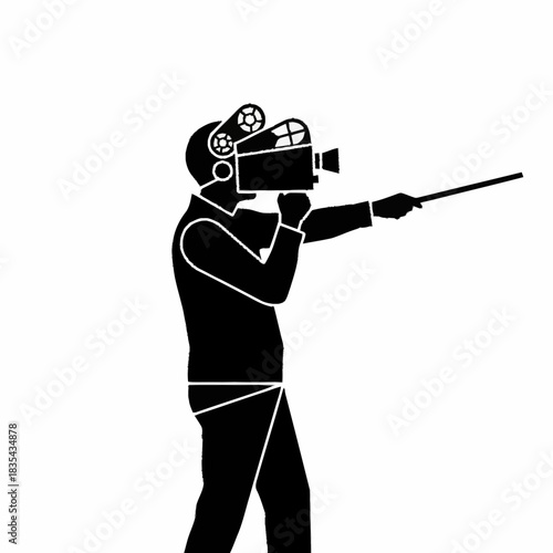 Silhouette of a filmmaker holding a vintage camera and pointing a stick.